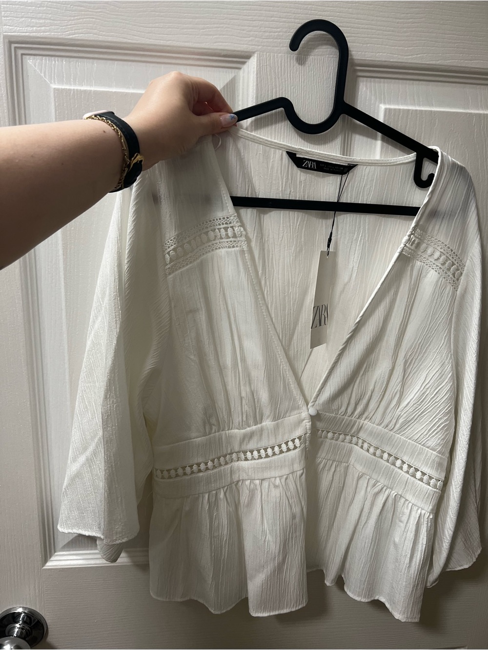 ZARA Cream V-Neck Lace-Trim Peplum Blouse